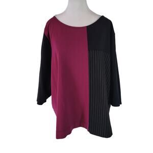 Lane Bryant Size 26/28 Color Block Two Tone Pinstripe 3/4 Sleeve Top Round Neck